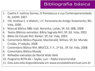 1. Coelho F. Isaltino Gomes, O Pentateuco e sua Contemporaneidade,
RJ, JUERP, 2007.
2. Hill, Andrew E. e Walton, J.H. Panorama do Antigo Testamento, BH,
Vida, 2000.
3. Manual Bíblico SBB; trad. Noronha, Lailah; SP; Ed. SBB; 2008
4. Textos Bíblicos extraídos: Bíblia Sagrada NVI; SP; Ed. Vida; 2001
5. Bíblia De Estudo NVI, Barker; SP; Ed. Vida; 2003
6. Comentário Bíblico Popular, MacDonald, Willian; SP, Ed. Mundo
Cristão, 1ª edição, 2008
7. Comentário Bíblico NVI, BRUCCE, F. F.; 1ª Ed., SP, Ed. Vida, 2008
8. Comentário Bíblico Moody
9. Reflexões extraídas da World Wide Web
10. Programa ROTA 66 – Sayão, Luiz – Rádio transmundial
11. Esta aula está disponibilizada em www.escolabiblicavirtual.com.br
 