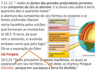 7
7.11-12 “...todas as fontes das grandes profundezas jorraram,
e as comportas do céu se abriram. E a chuva caiu sobre a terra
quarenta dias e quarenta noites.”
A abertura das comportas do céu formou os oceanos e as
fontes profundas liberam
rocha liquefeita pelos vulcões,
que formaram as montanhas.
Jó 28.5 “A terra, da qual
vem o alimento, é revolvida
embaixo como que pelo fogo;”
Dá-se a separação do Éden
(da Pangea).
10.5,25 “Deles procedem os povos marítimos, os quais se
separaram em seu território.... Um deles se chamou Pelegue
(divisão), porque em sua época a terra foi dividida;”
 