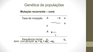 Genética de populações
Taxa de mutação A
⎯
⎯
u
A 
⎯
v
→ a
⎯ a
frequência inicial po qo
Mutação recorrente – cont.
Após uma geração: q1 = qo + upo - vqo .
 