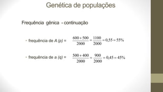 Frequência gênica - continuação
• frequência de A (p) =
• frequência de a (q) =
600+ 500
=
1100
= 0,55 = 55%
2000 2000
500+ 400
=
900
= 0,45 = 45%
2000 2000
Genética de populações
 