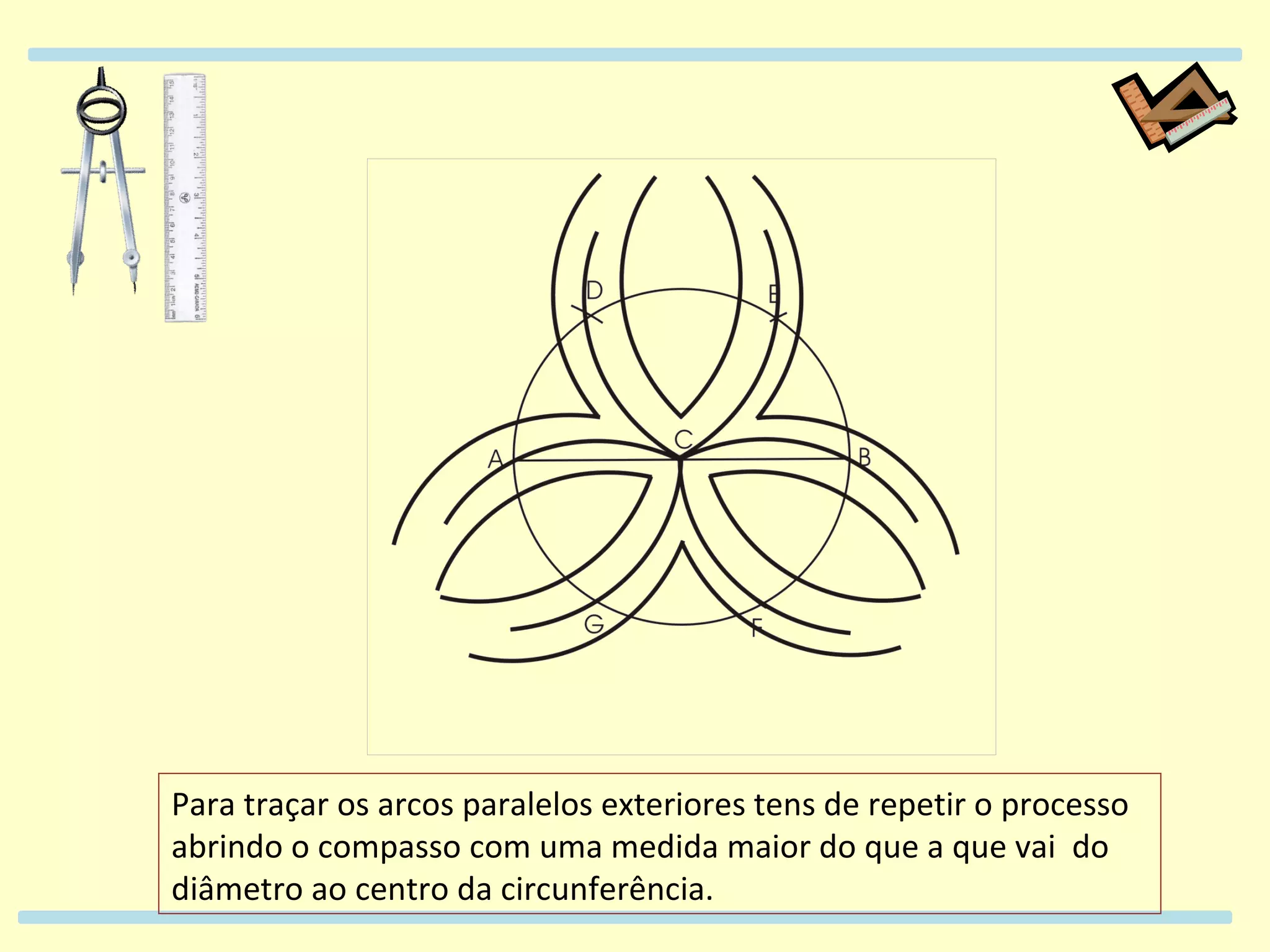 Para traçar os arcos paralelos exteriores tens de repetir o processo abrindo o compasso com uma medida maior do que a que vai do diâmetro ao centro da circunferência.