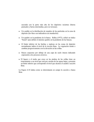 asociada con la parte más alta de los depósitos recientes (barras
    puntuales y barras intermedias, pero no terrazas).

•   Un cambio en la distribución de tamaños de las partículas en la zona de
    depósito (los finos son indicadores de inundación).

•   Un quiebre en la pendiente de la banca. Ridley (1972), utilizó un índice
    “bench” para definir el máximo quiebre en la pendiente de las bancas.

•   El límite inferior de las hierbas y malezas en las zonas de depósito
    normalmente indica el nivel de la sección llena. La vegetación tiende a
    cambiar progresivamente con la elevación en las orillas.

•   Raíces expuestas por debajo de una capa de suelo intacta indicando
    exposición a los procesos erosivos.

• El liquen o el moho que crece en las piedras de las orillas tiene un
  truncamiento a un nivel que está por encima de las aguas bajas y presenta
  un límite inferior que corresponde al nivel que alcanza el caudal a sección
  llena.

La Figura 4.10 indica como se determinaría en campo la sección a banca
llena.
 