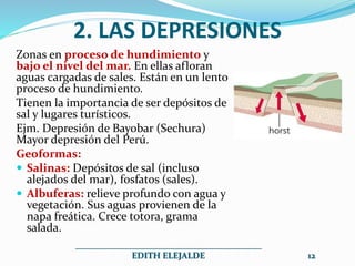 2. LAS DEPRESIONES
Zonas en proceso de hundimiento y
bajo el nivel del mar. En ellas afloran
aguas cargadas de sales. Están en un lento
proceso de hundimiento.
Tienen la importancia de ser depósitos de
sal y lugares turísticos.
Ejm. Depresión de Bayobar (Sechura)
Mayor depresión del Perú.
Geoformas:
 Salinas: Depósitos de sal (incluso
alejados del mar), fosfatos (sales).
 Albuferas: relieve profundo con agua y
vegetación. Sus aguas provienen de la
napa freática. Crece totora, grama
salada.
__________________________________________
EDITH ELEJALDE 12
 