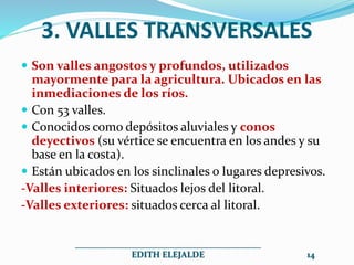 3. VALLES TRANSVERSALES
 Son valles angostos y profundos, utilizados
mayormente para la agricultura. Ubicados en las
inmediaciones de los ríos.
 Con 53 valles.
 Conocidos como depósitos aluviales y conos
deyectivos (su vértice se encuentra en los andes y su
base en la costa).
 Están ubicados en los sinclinales o lugares depresivos.
-Valles interiores: Situados lejos del litoral.
-Valles exteriores: situados cerca al litoral.
__________________________________________
EDITH ELEJALDE 14
 