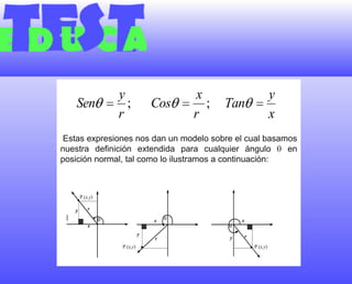  Estas expresiones nos dan un modelo sobre el cual basamos nuestra definición extendida para cualquier ángulo  en posición normal, tal como lo ilustramos a continuación:
