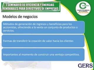 Modelos de negocios
Métodos de generación de ingresos y beneficios para los
accionistas, ofreciendo a la venta un conjunto...