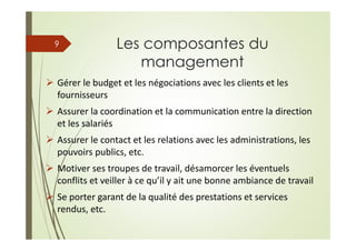 Les composantes du
management
Gérer le budget et les négociations avec les clients et les
fournisseurs
Assurer la coordination et la communication entre la direction
et les salariés
Assurer le contact et les relations avec les administrations, les
pouvoirs publics, etc.
Motiver ses troupes de travail, désamorcer les éventuels
conflits et veiller à ce qu’il y ait une bonne ambiance de travail
Se porter garant de la qualité des prestations et services
rendus, etc.
9
 