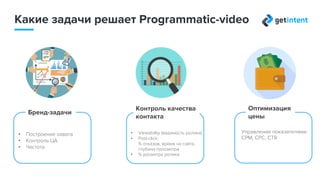 Какие задачи решает programmatic video
Контроль качества
контакта
Оптимизация
цены
Бренд-задачи
• Построение охвата
• Контроль ЦА
• Частота
• Viewability (видимость ролика)
• Post-click метрики:
% отказов, время на сайте,
глубина просмотра
• % досмотра ролика
Управление показателями:
CPM, CPC, CTR
 
