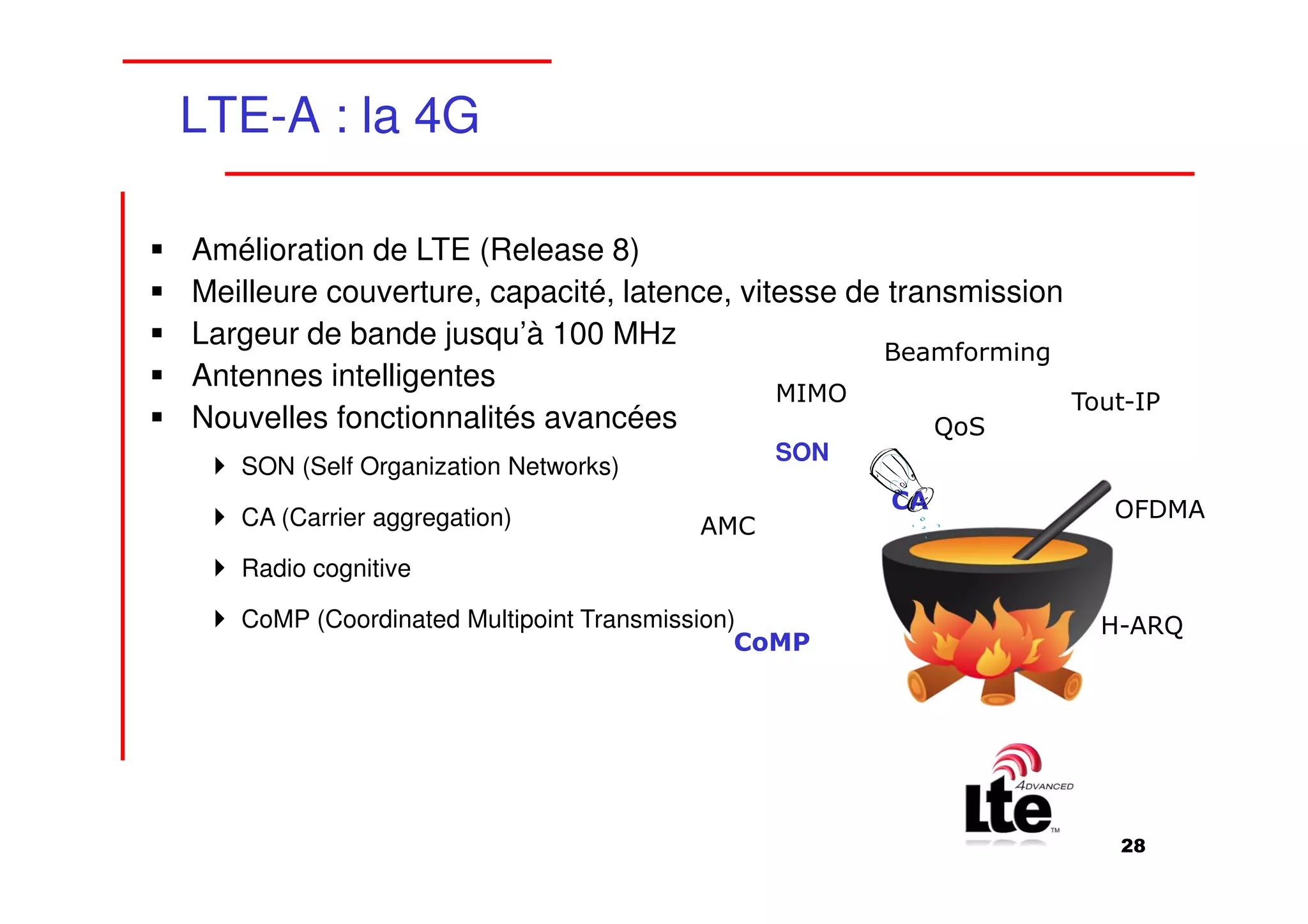 LTE-A : la 4G

Amélioration de LTE (Release 8)
Meilleure couverture, capacité, latence, vitesse de transmission
Largeur de bande jusqu’à 100 MHz
                                                   Beamforming
Antennes intelligentes
                                            MIMO                 Tout-IP
Nouvelles fonctionnalités avancées                      QoS
                                              SON
   SON (Self Organization Networks)
                                                    CA              OFDMA
   CA (Carrier aggregation)             AMC
   Radio cognitive

   CoMP (Coordinated Multipoint Transmission)                      H-ARQ
                                             CoMP




                                                                     28
 