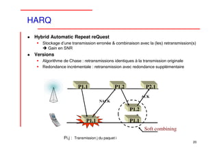 HARQ
 Hybrid Automatic Repeat reQuest
    Stockage d’une transmission erronée & combinaison avec la (les) retransmission(s)
       Gain en SNR
 Versions
    Algorithme de Chase : retransmissions identiques à la transmission originale
    Redondance incrémentale : retransmission avec redondance supplémentaire



                       P1.1                   P1.2           P2.1
                                                            ACK
                                     NACK

                                                     P1.2
                                                       +
                             P1.1                    P1.1
                                                             Soft combining
               Pi,j : Transmission j du paquet i
                                                                                   20
 