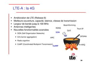 LTE-A : la 4G

Amélioration de LTE (Release 8)
Meilleure couverture, capacité, latence, vitesse de transmission
Largeur de bande jusqu’à 100 MHz
                                                   Beamforming
Antennes intelligentes
                                            MIMO                 Tout-IP
Nouvelles fonctionnalités avancées                      QoS
                                              SON
   SON (Self Organization Networks)
                                                    CA              OFDMA
   CA (Carrier aggregation)             AMC
   Radio cognitive

   CoMP (Coordinated Multipoint Transmission)                      H-ARQ
                                             CoMP




                                                                     28
 