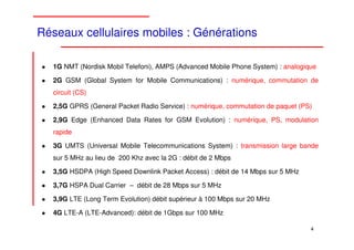 Réseaux cellulaires mobiles : Générations

   1G NMT (Nordisk Mobil Telefoni), AMPS (Advanced Mobile Phone System) : analogique

   2G GSM (Global System for Mobile Communications) : numérique, commutation de
   circuit (CS)

   2,5G GPRS (General Packet Radio Service) : numérique, commutation de paquet (PS)

   2,9G Edge (Enhanced Data Rates for GSM Evolution) : numérique, PS, modulation
   rapide

   3G UMTS (Universal Mobile Telecommunications System) : transmission large bande
   sur 5 MHz au lieu de 200 Khz avec la 2G : débit de 2 Mbps

   3,5G HSDPA (High Speed Downlink Packet Access) : débit de 14 Mbps sur 5 MHz

   3,7G HSPA Dual Carrier – débit de 28 Mbps sur 5 MHz

   3,9G LTE (Long Term Evolution) débit supérieur à 100 Mbps sur 20 MHz

   4G LTE-A (LTE-Advanced): débit de 1Gbps sur 100 MHz

                                                                                  4 4
 