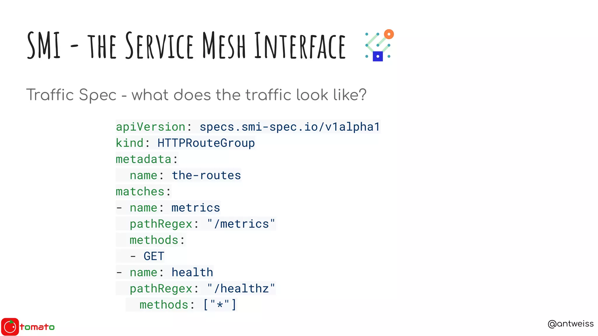 @antweiss
SMI - the Service Mesh Interface
Traffic Spec - what does the traffic look like?
apiVersion: specs.smi-spec.io/v1alpha1
kind: HTTPRouteGroup
metadata:
name: the-routes
matches:
- name: metrics
pathRegex: "/metrics"
methods:
- GET
- name: health
pathRegex: "/healthz"
methods: ["*"]
 