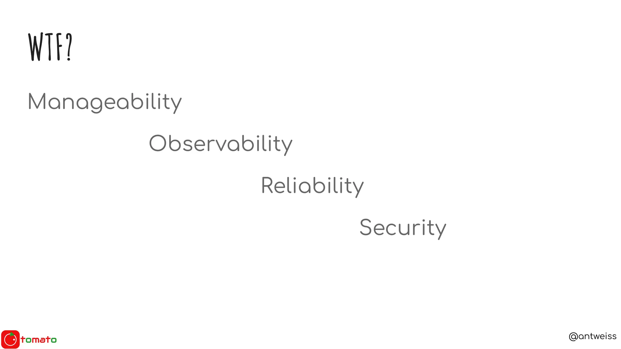@antweiss
WTF?
Manageability
Observability
Reliability
Security
 