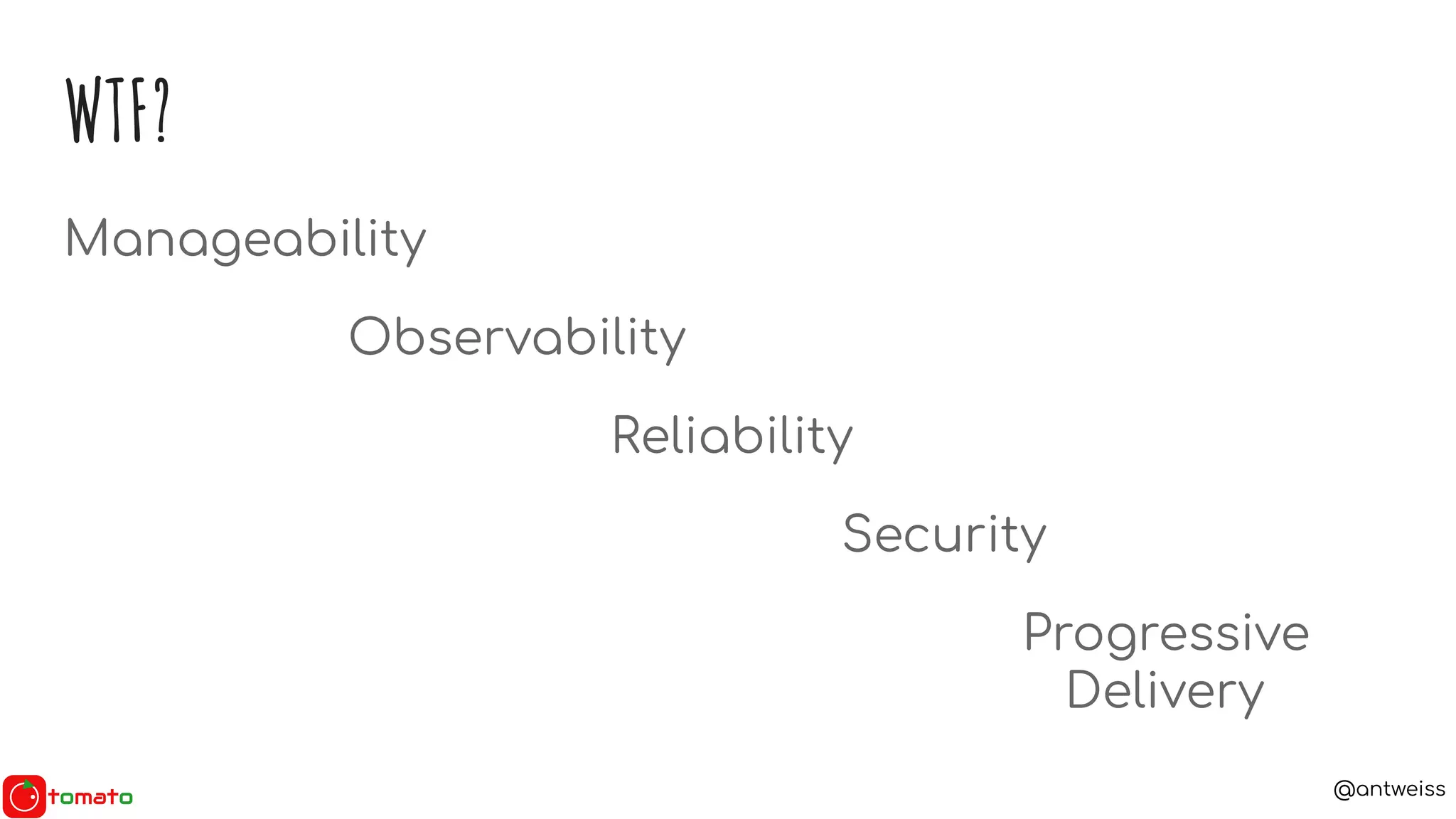 @antweiss
WTF?
Manageability
Observability
Reliability
Security
Progressive
Delivery
 