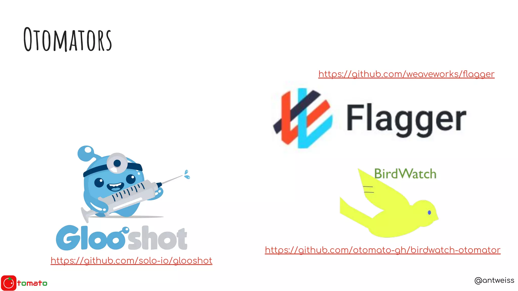 @antweiss
Otomators
https://github.com/otomato-gh/birdwatch-otomator
https://github.com/weaveworks/ﬂagger
https://github.com/solo-io/glooshot
 