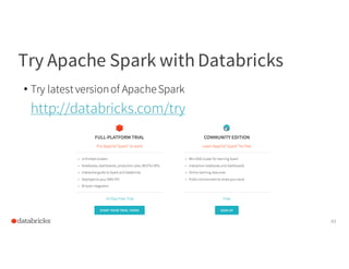 • Try latestversionof ApacheSpark
Try Apache Spark with Databricks
49
http://databricks.com/try
 