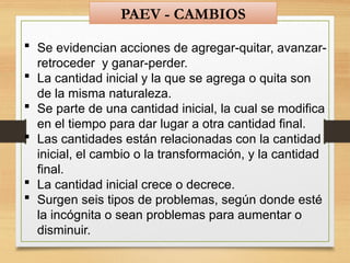  Se evidencian acciones de agregar-quitar, avanzar-
retroceder y ganar-perder.
 La cantidad inicial y la que se agrega o quita son
de la misma naturaleza.
 Se parte de una cantidad inicial, la cual se modifica
en el tiempo para dar lugar a otra cantidad final.
 Las cantidades están relacionadas con la cantidad
inicial, el cambio o la transformación, y la cantidad
final.
 La cantidad inicial crece o decrece.
 Surgen seis tipos de problemas, según donde esté
la incógnita o sean problemas para aumentar o
disminuir.
PAEV - CAMBIOS
 