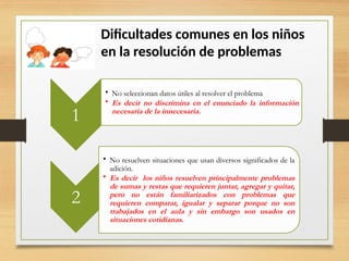 Dificultades comunes en los niños
en la resolución de problemas
1
• No seleccionan datos útiles al resolver el problema
• Es decir no discrimina en el enunciado la información
necesaria de la innecesaria.
2
• No resuelven situaciones que usan diversos significados de la
adición.
• Es decir los niños resuelven principalmente problemas
de sumas y restas que requieren juntar, agregar y quitar,
pero no están familiarizados con problemas que
requieren comparar, igualar y separar porque no son
trabajados en el aula y sin embargo son usados en
situaciones cotidianas.
 