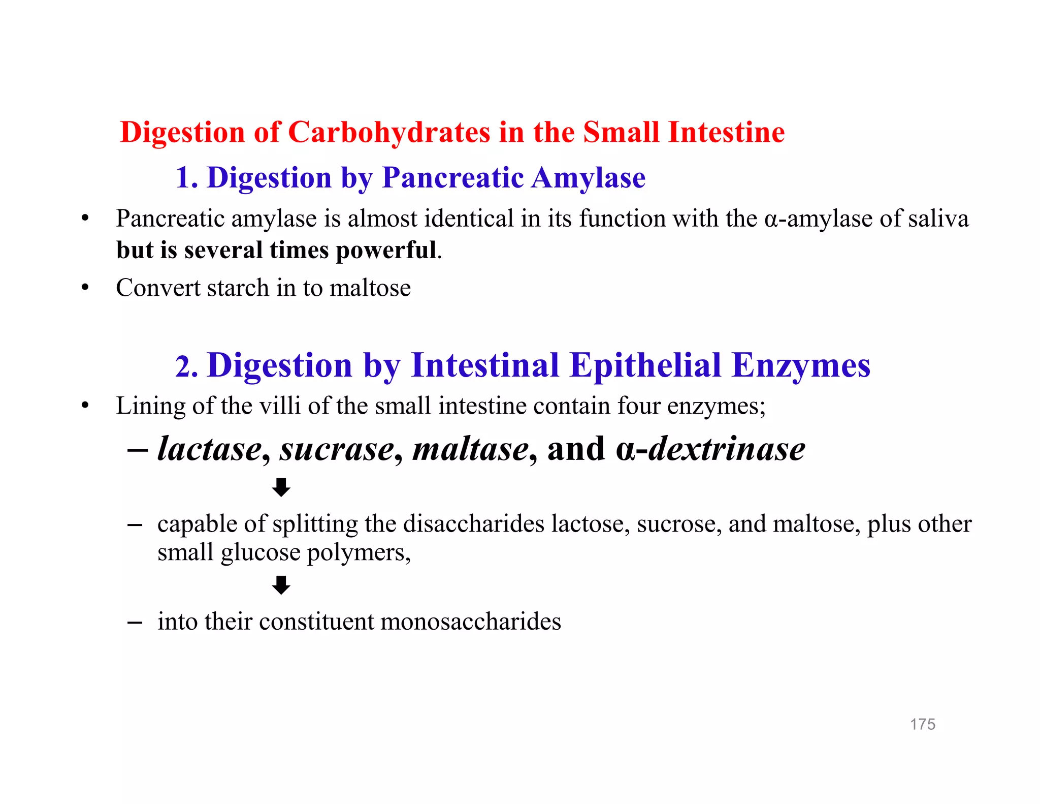 Digestion of Carbohydrates in the Small Intestine
1. Digestion by Pancreatic Amylase
• Pancreatic amylase is almost identical in its function with the α-amylase of saliva
but is several times powerful.
• Convert starch in to maltose
2. Digestion by Intestinal Epithelial Enzymes
• Lining of the villi of the small intestine contain four enzymes;
– lactase, sucrase, maltase, and α-dextrinase

– capable of splitting the disaccharides lactose, sucrose, and maltose, plus other
small glucose polymers,

– into their constituent monosaccharides
Digestion of Carbohydrates in the Small Intestine
1. Digestion by Pancreatic Amylase
• Pancreatic amylase is almost identical in its function with the α-amylase of saliva
but is several times powerful.
• Convert starch in to maltose
2. Digestion by Intestinal Epithelial Enzymes
• Lining of the villi of the small intestine contain four enzymes;
– lactase, sucrase, maltase, and α-dextrinase

– capable of splitting the disaccharides lactose, sucrose, and maltose, plus other
small glucose polymers,

– into their constituent monosaccharides
175
 