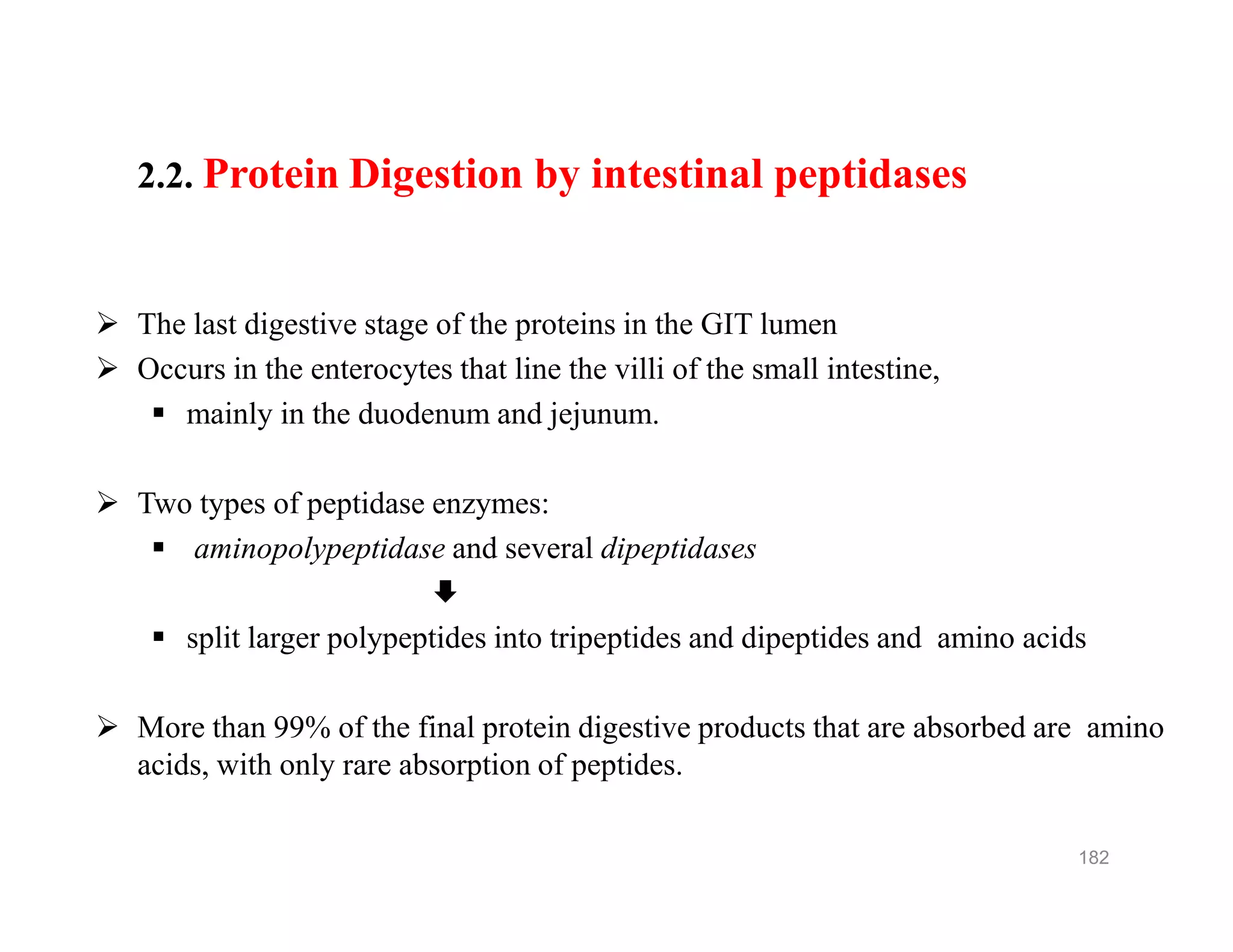 2.2. Protein Digestion by intestinal peptidases
 The last digestive stage of the proteins in the GIT lumen
 Occurs in the enterocytes that line the villi of the small intestine,
 mainly in the duodenum and jejunum.
 Two types of peptidase enzymes:
 aminopolypeptidase and several dipeptidases

 split larger polypeptides into tripeptides and dipeptides and amino acids
 More than 99% of the final protein digestive products that are absorbed are amino
acids, with only rare absorption of peptides.
2.2. Protein Digestion by intestinal peptidases
 The last digestive stage of the proteins in the GIT lumen
 Occurs in the enterocytes that line the villi of the small intestine,
 mainly in the duodenum and jejunum.
 Two types of peptidase enzymes:
 aminopolypeptidase and several dipeptidases

 split larger polypeptides into tripeptides and dipeptides and amino acids
 More than 99% of the final protein digestive products that are absorbed are amino
acids, with only rare absorption of peptides.
182
 
