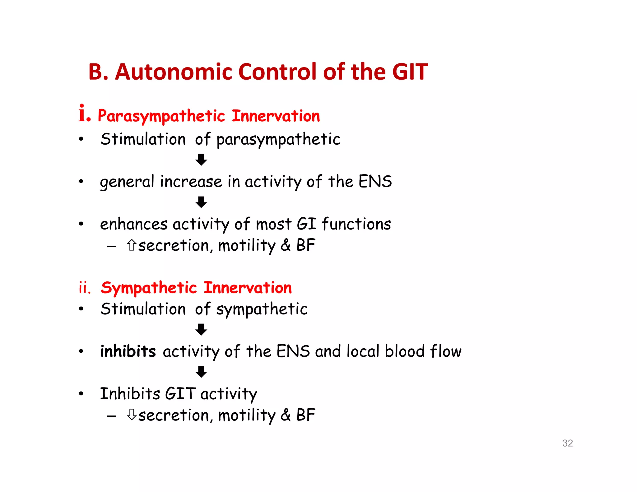 B. Autonomic Control of the GIT
i. Parasympathetic Innervation
• Stimulation of parasympathetic

• general increase in activity of the ENS

• enhances activity of most GI functions
– secretion, motility & BF
ii. Sympathetic Innervation
• Stimulation of sympathetic

• inhibits activity of the ENS and local blood flow

• Inhibits GIT activity
– secretion, motility & BF
i. Parasympathetic Innervation
• Stimulation of parasympathetic

• general increase in activity of the ENS

• enhances activity of most GI functions
– secretion, motility & BF
ii. Sympathetic Innervation
• Stimulation of sympathetic

• inhibits activity of the ENS and local blood flow

• Inhibits GIT activity
– secretion, motility & BF
32
 