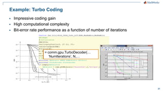 31
 Impressive coding gain
 High computational complexity
 Bit-error rate performance as a function of number of iterations
Example: Turbo Coding
= comm.TurboDecoder(…
‘NumIterations’, N,…
= comm.gpu.TurboDecoder(…
‘NumIterations’, N,…
 