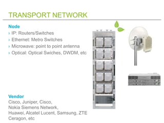 TRANSPORT NETWORK
Node
› IP: Routers/Switches
› Ethernet: Metro Switches
› Microwave: point to point antenna
› Optical: Optical Swiches, DWDM, etc




Vendor
Cisco, Juniper, Cisco,
Nokia Siemens Network,
Huawei, Alcatel Lucent, Samsung, ZTE
Ceragon, etc
 
