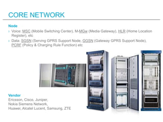 CORE NETWORK
Node
› Voice: MSC (Mobile Switching Center), M-MGw (Media Gateway), HLR (Home Location
  Register), etc
› Data: SGSN (Serving GPRS Support Node, GGSN (Gateway GPRS Support Node),
  PCRF (Policy & Charging Rule Function) etc




Vendor
Ericsson, Cisco, Juniper,
Nokia Siemens Network,
Huawei, Alcatel Lucent, Samsung, ZTE
 