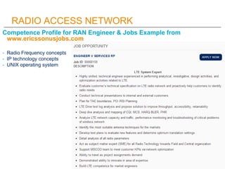 RADIO ACCESS NETWORK
Competence Profile for RAN Engineer & Jobs Example from
 www.ericssonusjobs.com

- Radio Frequency co...