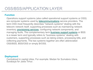 OSS/BSS/APPLICATION LAYER
Function
 Operations support systems (also called operational support systems or OSS)
 are compu...