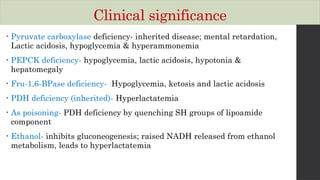 Clinical significance
• Pyruvate carboxylase deficiency- inherited disease; mental retardation,
Lactic acidosis, hypoglycemia & hyperammonemia
• PEPCK deficiency- hypoglycemia, lactic acidosis, hypotonia &
hepatomegaly
• Fru-1,6-BPase deficiency- Hypoglycemia, ketosis and lactic acidosis
• PDH deficiency (inherited)- Hyperlactatemia
• As poisoning- PDH deficiency by quenching SH groups of lipoamide
component
• Ethanol- inhibits gluconeogenesis; raised NADH released from ethanol
metabolism, leads to hyperlactatemia
 