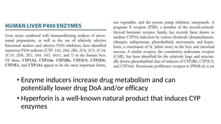 • Enzyme inducers increase drug metabolism and can
potentially lower drug DoA and/or efficacy
• Hyperforin is a well-known natural product that induces CYP
enzymes
 