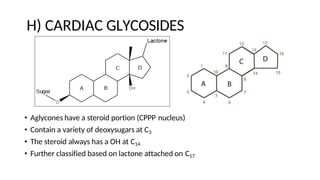 H) CARDIAC GLYCOSIDES
• Aglycones have a steroid portion (CPPP nucleus)
• Contain a variety of deoxysugars at C3
• The steroid always has a OH at C14
• Further classified based on lactone attached on C17
 