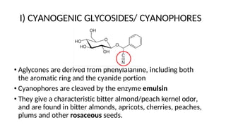 I) CYANOGENIC GLYCOSIDES/ CYANOPHORES
• Aglycones are derived from phenylalanine, including both
the aromatic ring and the cyanide portion
• Cyanophores are cleaved by the enzyme emulsin
• They give a characteristic bitter almond/peach kernel odor,
and are found in bitter almonds, apricots, cherries, peaches,
plums and other rosaceous seeds.
 