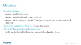 13© Cloudera, Inc. All rights reserved.
Metadata
• Replicated master
• Acts as a tablet directory
• Acts as a catalog (which tables exist, etc)
• Acts as a load balancer (tracks TS liveness, re-replicates under-replicated
tablets)
• Caches all metadata in RAM for high performance
• Client configured with master addresses
• Asks master for tablet locations as needed and caches them
 