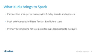 15© Cloudera, Inc. All rights reserved.
What Kudu brings to Spark
• Parquet-like scan performance with 0-delay inserts and updates
• Push down predicate filters for fast & efficient scans
• Primary key indexing for fast point lookups (compared to Parquet)
 