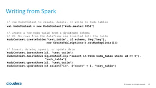 19© Cloudera, Inc. All rights reserved.
Writing from Spark
// Use KuduContext to create, delete, or write to Kudu tables
val kuduContext = new KuduContext("kudu.master:7051")
// Create a new Kudu table from a dataframe schema
// NB: No rows from the dataframe are inserted into the table
kuduContext.createTable("test_table", df.schema, Seq("key"),
new CreateTableOptions().setNumReplicas(1))
// Insert, delete, upsert, or update data
kuduContext.insertRows(df, "test_table")
kuduContext.deleteRows(sqlContext.sql("select id from kudu_table where id >= 5"),
"kudu_table")
kuduContext.upsertRows(df, "test_table")
kuduContext.updateRows(df.select(“id”, $”count” + 1, "test_table")
 