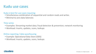 23© Cloudera, Inc. All rights reserved.
Kudu use cases
Kudu is best for use cases requiring:
• Simultaneous combination of sequential and random reads and writes
• Minimal to zero data latencies
Time series
• Examples: Streaming market data; fraud detection & prevention; network monitoring
• Workload: Inserts, updates, scans, lookups
Online reporting / data warehousing
• Example: Operational Data Store (ODS)
• Workload: Inserts, updates, scans, lookups
 