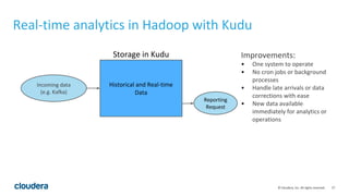 27© Cloudera, Inc. All rights reserved.
Real-time analytics in Hadoop with Kudu
Improvements:
• One system to operate
• No cron jobs or background
processes
• Handle late arrivals or data
corrections with ease
• New data available
immediately for analytics or
operations
Historical and Real-time
Data
Incoming data
(e.g. Kafka)
Reporting
Request
Storage in Kudu
 