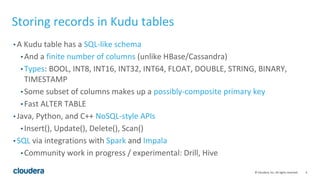 6© Cloudera, Inc. All rights reserved.
Storing records in Kudu tables
• A Kudu table has a SQL-like schema
• And a finite number of columns (unlike HBase/Cassandra)
• Types: BOOL, INT8, INT16, INT32, INT64, FLOAT, DOUBLE, STRING, BINARY,
TIMESTAMP
• Some subset of columns makes up a possibly-composite primary key
• Fast ALTER TABLE
• Java, Python, and C++ NoSQL-style APIs
• Insert(), Update(), Delete(), Scan()
• SQL via integrations with Spark and Impala
• Community work in progress / experimental: Drill, Hive
 