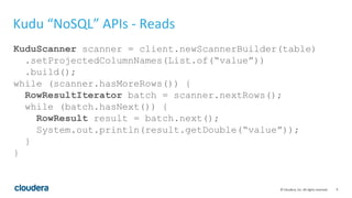 9© Cloudera, Inc. All rights reserved.
Kudu “NoSQL” APIs - Reads
KuduScanner scanner = client.newScannerBuilder(table)
.setProjectedColumnNames(List.of(“value”))
.build();
while (scanner.hasMoreRows()) {
RowResultIterator batch = scanner.nextRows();
while (batch.hasNext()) {
RowResult result = batch.next();
System.out.println(result.getDouble(“value”));
}
}
 
