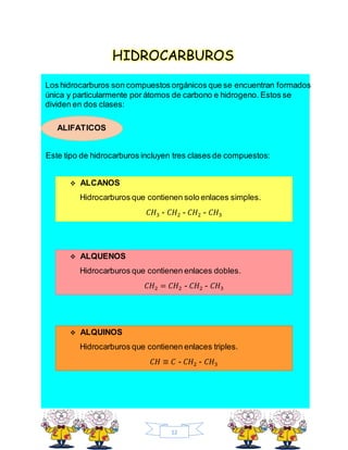 12
HIDROCARBUROS
Los hidrocarburos son compuestos orgánicos que se encuentran formados
única y particularmente por átomos de carbono e hidrogeno. Estos se
dividen en dos clases:
ALIFATICOS
Este tipo de hidrocarburos incluyen tres clases de compuestos:
 ALCANOS
Hidrocarburos que contienen solo enlaces simples.
𝐶𝐻3 - 𝐶𝐻2 - 𝐶𝐻2 - 𝐶𝐻3
 ALQUENOS
Hidrocarburos que contienen enlaces dobles.
𝐶𝐻2 = 𝐶𝐻2 - 𝐶𝐻2 - 𝐶𝐻3
 ALQUINOS
Hidrocarburos que contienen enlaces triples.
𝐶𝐻 ≡ 𝐶 - 𝐶𝐻2 - 𝐶𝐻3
 