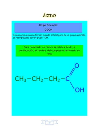 27
ÁCIDO
Estos compuestos se forman cuando el hidrógeno de un grupo aldehído
es reemplazado por un grupo –OH.
Grupo funcional:
COOH
Para nombrarlo se coloca la palabra ácido, a
continuación, el nombre del compuesto terminado en
-oico
 