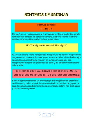 28
SINTESIS DE GRIGNAR
Donde R es un resto orgánico y X un halógeno. Son importantes para la
formaciónde enlaces de carbono-carbono,carbono-fósforo,carbono-
estaño, carbono-silicio,carbono-boro,entre otros.
R-X es un alcano mono halogenado (halogenuro de alquilo) le aplicamos
magnesio en presenciade calor y éter seco a anhidro, el resultado mejor
conocido como reactivo de grignar, se suma con cualquier otro
halogenuro de alquilo en presenciade calor y así obtenemos un alcano
más grande.
En este ejemplo tenemos un bromopropil más magnesio en presencia
de éter seco y calor, lo cual da como resultado el reactivo de grignar, al
cual, le sumamos un bromometilen presenciade calor y nos dio butano
y bromuro de magnesio.
Formula general:
R – Mg - X
R - X + Mg ---éter seco- R – Mg - X
CH3–CH2–CH2-Br + Mg -–E.S & C CH3–CH2–CH2 –Mg –Br
CH3–CH2–CH2–Mg–Br+CH3–Br-–C CH3–CH2-CH2-CH3+MgBr2
 