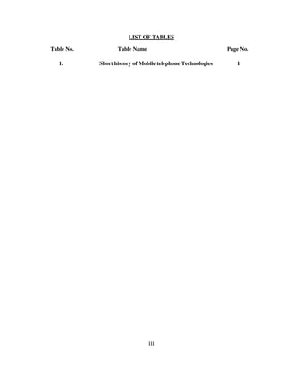 iii
LIST OF TABLES
Table No. Table Name Page No.
1. Short history of Mobile telephone Technologies 1
 