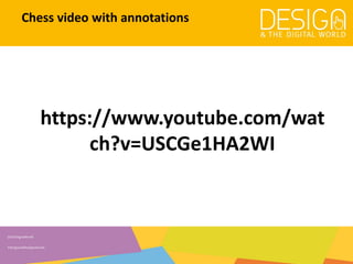 @DesDigitalWorld
#designandthedigitalworld
Chess video with annotations
https://www.youtube.com/wat
ch?v=USCGe1HA2WI
 