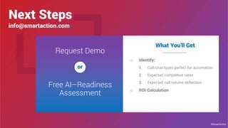 Next Steps
info@smartaction.com
o Identify:
1. Call/chat types perfect for automation
2. Expected completion rates
3. Expected call volume deflection
o ROI Calculation
Free AI–Readiness
Assessment
Request Demo
or
What You’ll Get
©SmartAction
 