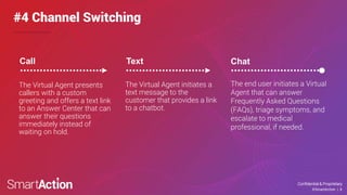 Confidential & Proprietary
©SmartAction | 8
#4 Channel Switching
The Virtual Agent presents
callers with a custom
greeting and offers a text link
to an Answer Center that can
answer their questions
immediately instead of
waiting on hold.
Call
The Virtual Agent initiates a
text message to the
customer that provides a link
to a chatbot.
Text
The end user initiates a Virtual
Agent that can answer
Frequently Asked Questions
(FAQs), triage symptoms, and
escalate to medical
professional, if needed.
Chat
 