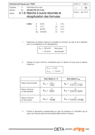 Directives techniques pour TRAM
Directives techniques pour TRAM
Directives techniques pour TRAM
Directives techniques pour TRAM section n° / page n°
Chapitre : 4. Géométrie de la voie 4.1 / 16
16
16
16
Section : 4.1
4.1
4.1
4.1 GEOMETRIE EN PLAN
GEOMETRIE EN PLAN
GEOMETRIE EN PLAN
GEOMETRIE EN PLAN
Article : 4.1.9
4.1.9
4.1.9
4.1.9 Marche à suivre résumée et
Marche à suivre résumée et
Marche à suivre résumée et
Marche à suivre résumée et
récapitulation des formules
récapitulation des formules
récapitulation des formules
récapitulation des formules
Version : déc. 2013
D
D
D
DE
E
E
ET
T
T
TA
A
A
A
Unités
Unités
Unités
Unités : d [mm] L [ m ]
R [ m ] Ld [ m ]
V [km/h] Lc [ m ]
∆ar [m/sec2
] Lk [ m ]
1 Déterminer la vitesse maximum souhaitée en fonction du site et de la déclivité
(voir 3.2 accélération et 3.3 décélération).
2 Calculer le rayon minimum nécessaire avec un dévers nul puis avec le dévers
maximum.
3 Choisir la géométrie correspondant au plan de situation en contrôlant que le
rayon est compris dans les fourchettes déterminées ci-dessus.
Vmax = 65 km/h site propre
= 50 km/h site banalisé
d min = 0 mm
d max = 70 mm
Avec dévers d = 0
Avec dévers d = 0
Avec dévers d = 0
Avec dévers d = 0 Avec dévers d
Avec dévers d
Avec dévers d
Avec dévers d max
max
max
max
Rayon recommandé V2
V2
7,903 0,127 d + 7,903
Rayon minimum V2
V2
en site banalisé 9,072 0,127 d + 9,072
Rayon minimum V2
V2
en site propre 10,368 0,127 d + 10,368
Rrec = Rrec =
Rmin = Rmin =
Rmin =
Rmin =
 